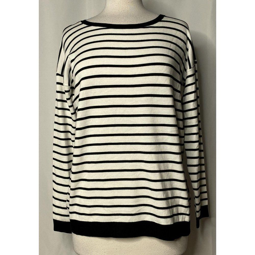 Spence Striped Pullover Knit Top Sz M Exposed Back Zipper Black & Ivory NEW